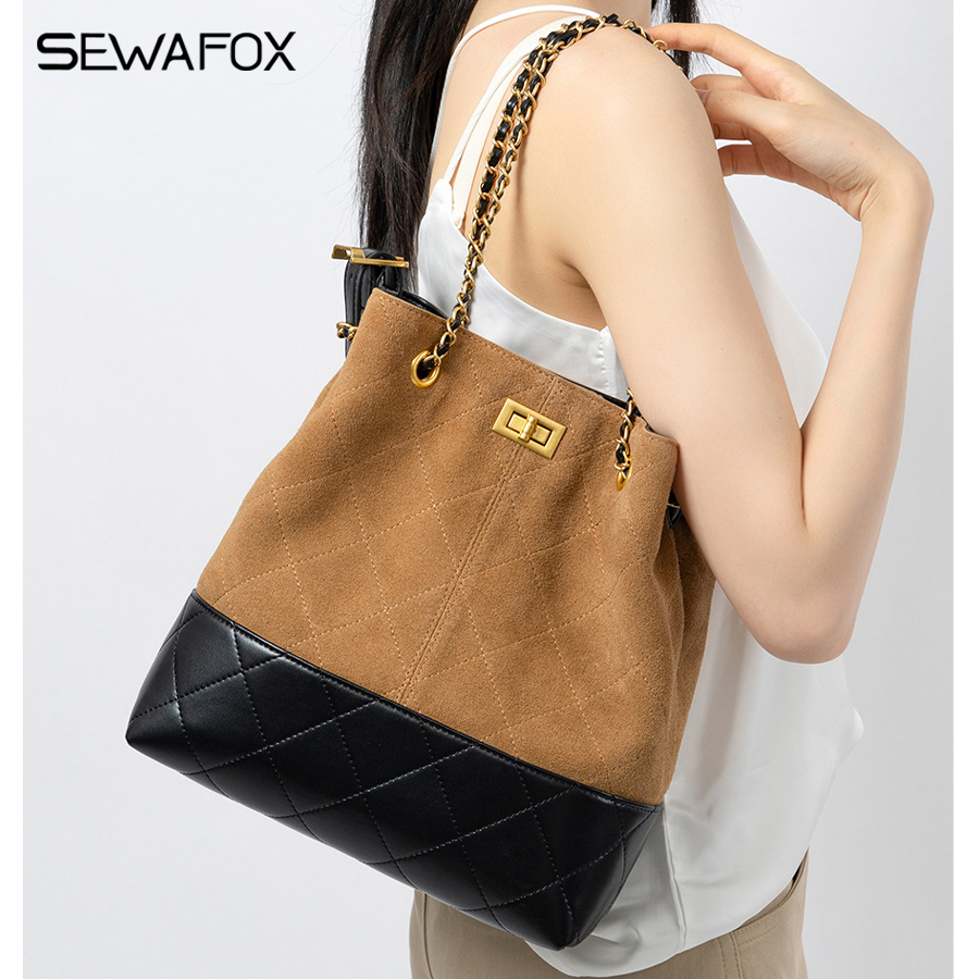 真皮水桶包香风链条手提通勤包