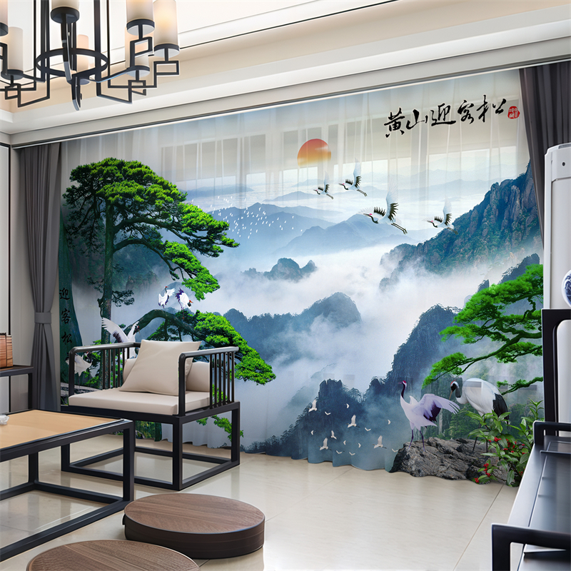 2025新中式窗帘布遮光客厅国风景古典迎客松山水画透光不透人纱帘