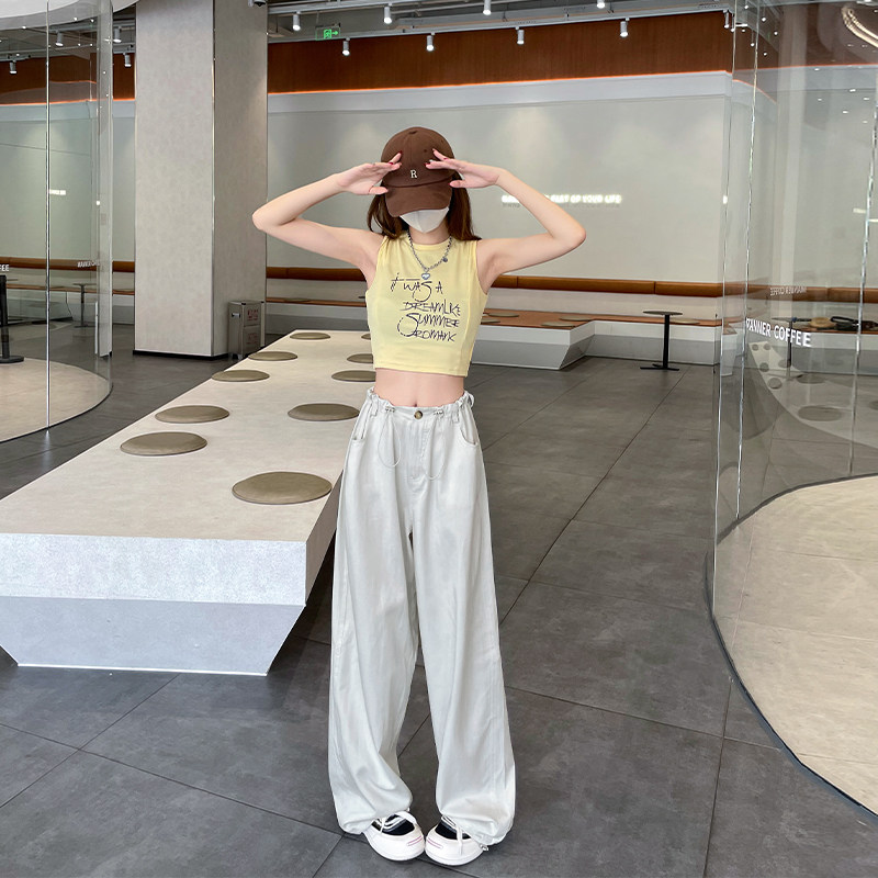 灰白色工装裤女2024春秋新款休闲抽绳辣妹降落伞裤休闲阔腿裤子 - 实物图
