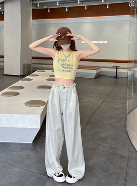灰白色工装裤女2024春秋新款休闲抽绳辣妹降落伞裤休闲阔腿裤子