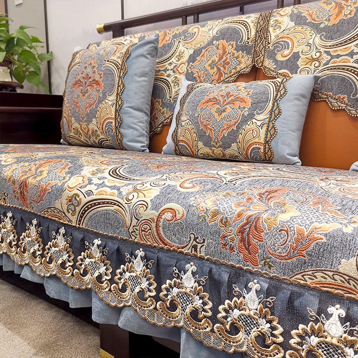 高档新中式沙发垫套罩盖巾四季通用防滑布艺定做123组合客厅实木