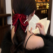 满天星丝绒蝴蝶结抓夹女高级感时尚 红色夹子头饰发量少马尾夹发夹