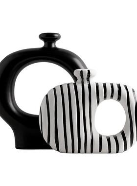 饰贝汉美创意RBK北欧黑白条纹瓷花陶瓶高级感插花摆样板间客厅装