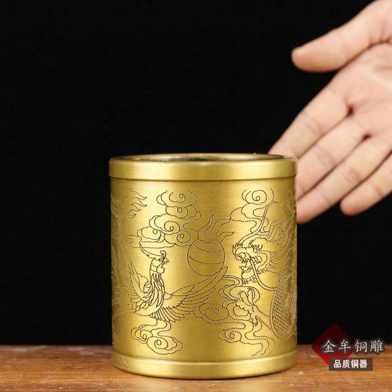 纯黄铜大号笔筒复古桌面公摆件商务工艺品礼品摆件