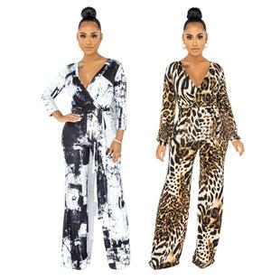 Long Digital Sleeve Jumpsuit Sexy Neck Fashion