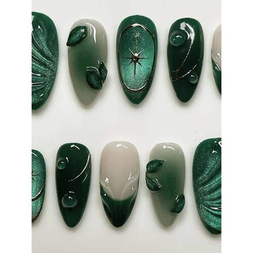 24Pcs Mid-length Almond Press on Fake Nails 3D Ripple Heart
