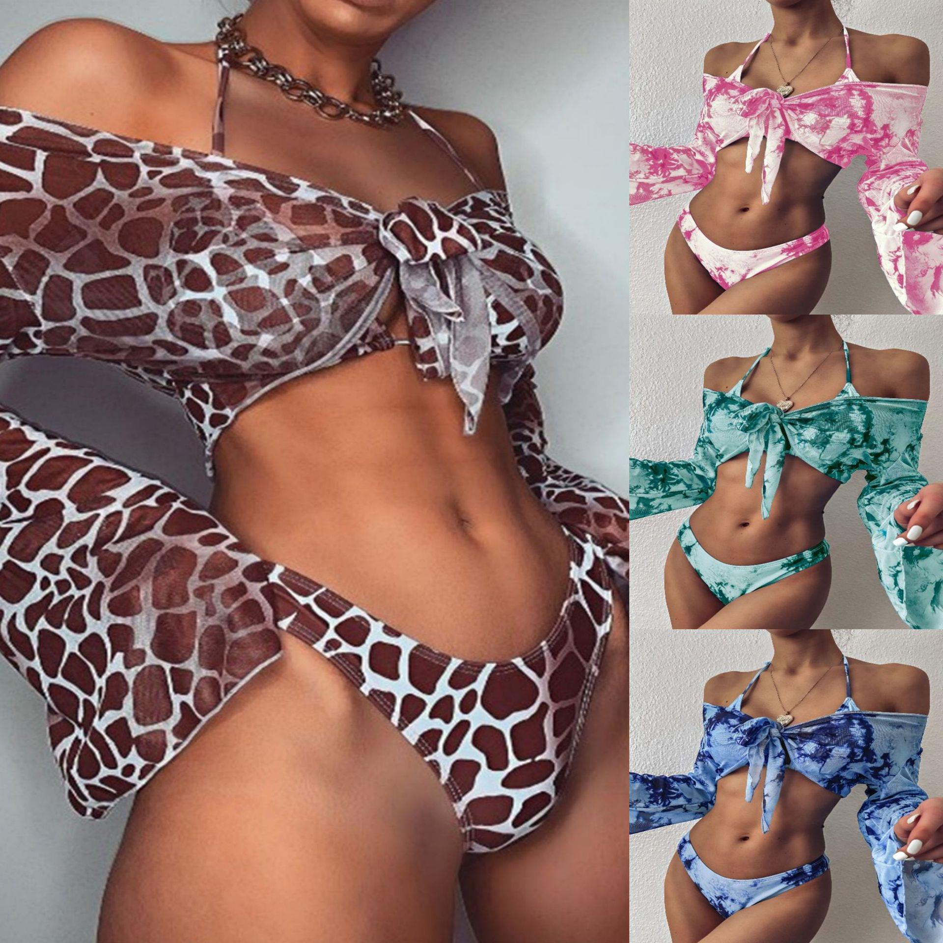 print womens swimsuit long-sleeved leopard two-piece