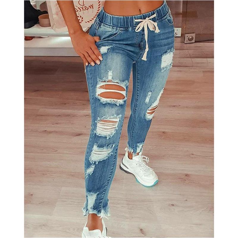 Womens elastic waist drawstring ripped jeans