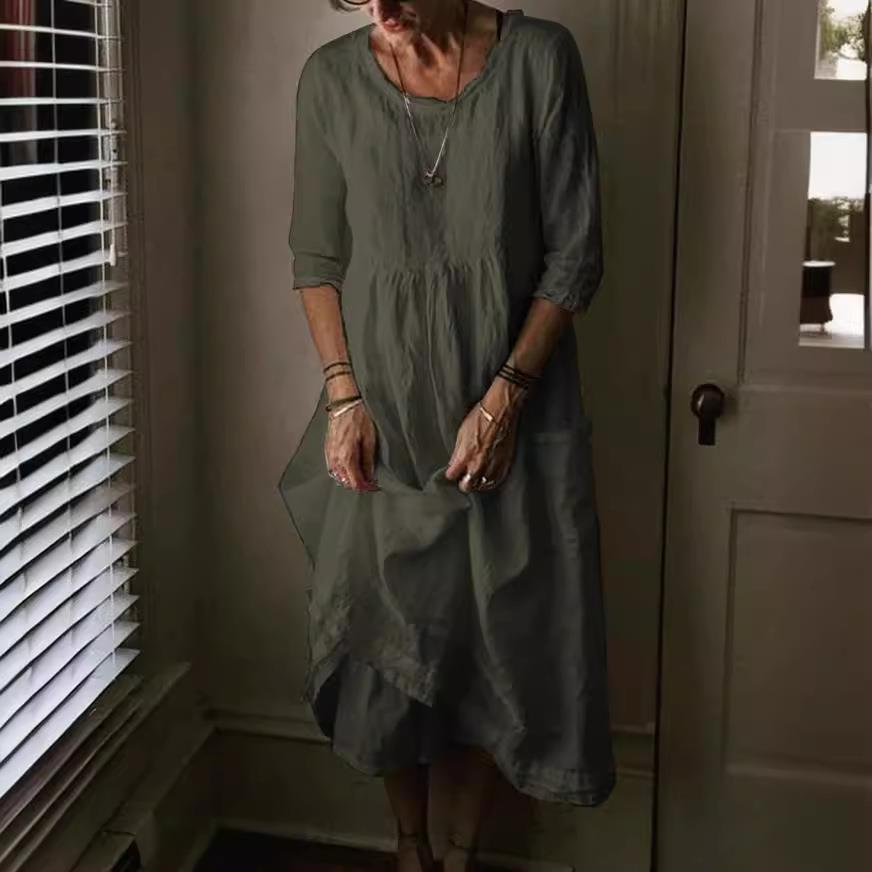 Cotton and Linen Loose Casual Solid Color Pocket Dress
