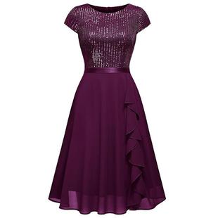 Short Party Fashion Dress Sleeve Sequins Swing Neck