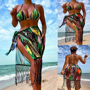 veil tassel bikini set swimsuit piece womens Beach three