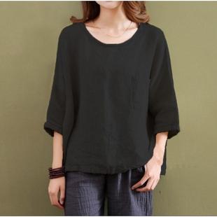 linen quarter cotton three Casual neck loose and round