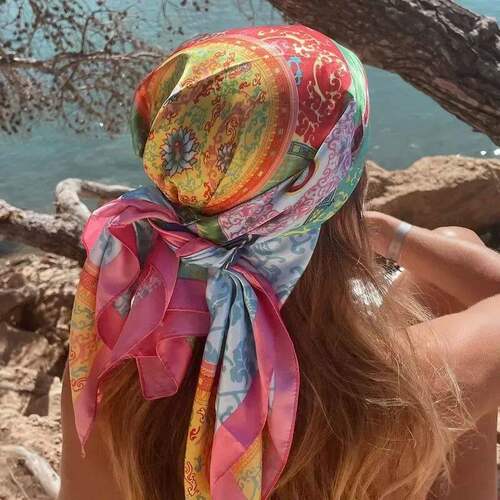 Fashion Square Silk Scarf Women Luxury Brand Satin Print Hij