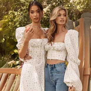 floral tie Romantic square women sleeve neck dress