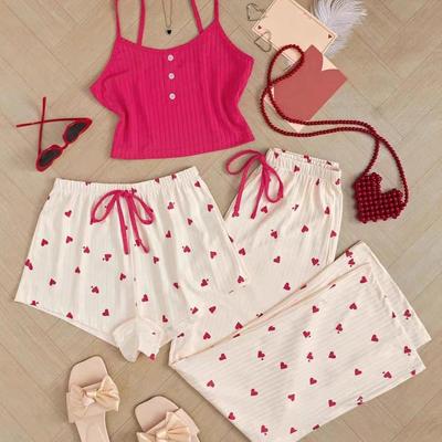 Peach Heart Pajamas Women Sweet Cute Three-piece Set