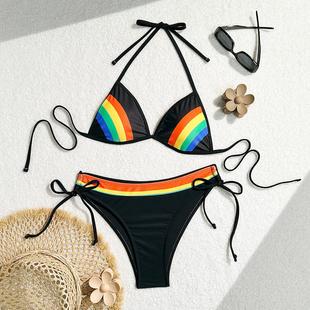 Piece Swimsuit Gradient Bikini Halter Two Sexy Neck Rainbow
