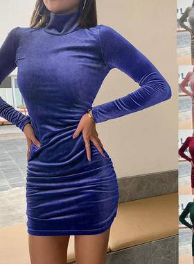 Fashion long-sleeved slim dress high collar shrunk suede
