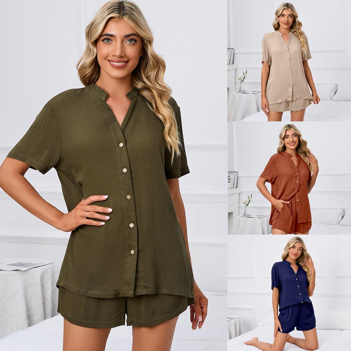 Solid color V-neck loose button T-shirt shorts home leisure