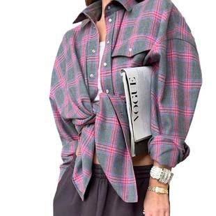 spring plaid striped Womens sleeve loose long pocket shirt