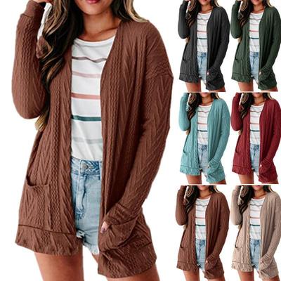 Women Cardigan Sleeve Long Knitted Sweater Splicing Wool