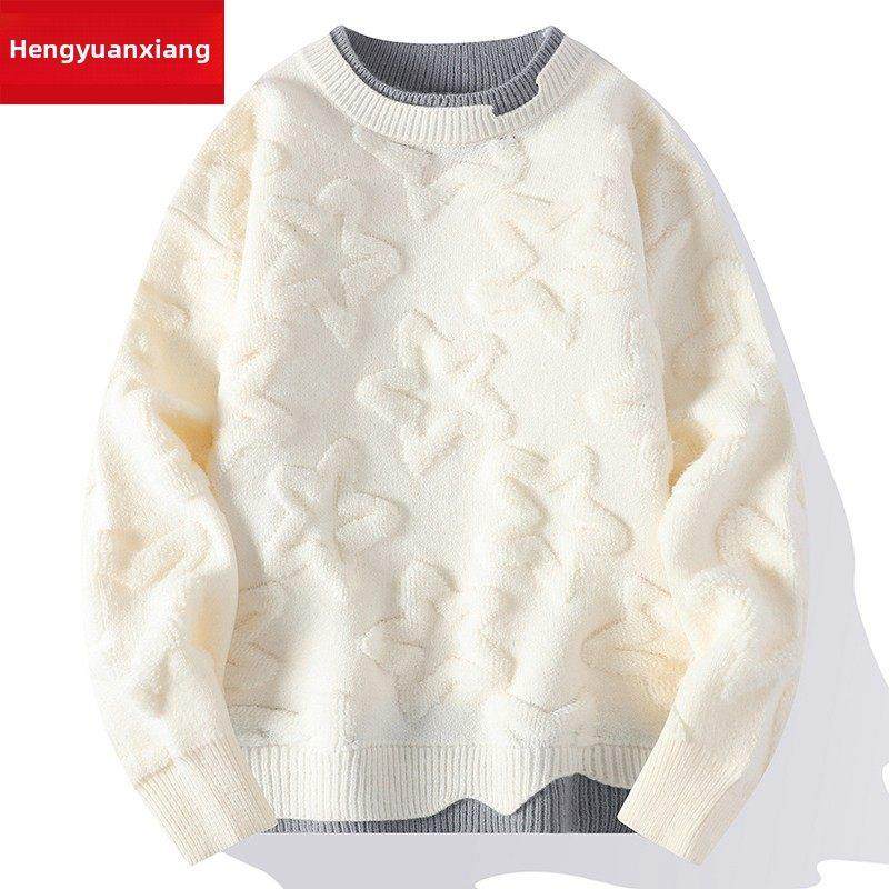 恒源祥男士圆领假两件毛衣纯色秋冬季时尚加厚青少年针织羊毛衫男