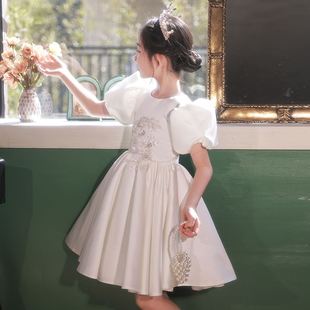 女童缎面生日公主裙高端花童小女孩白色儿童主持人钢琴演奏晚礼服