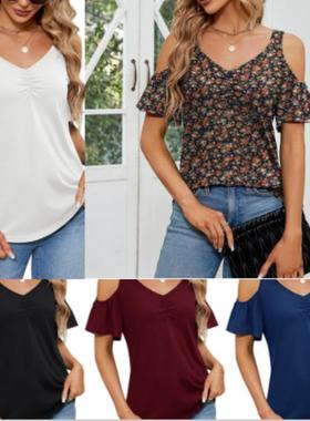 shirt ruffle Womens T-shirt sex hollow short off-shoulder