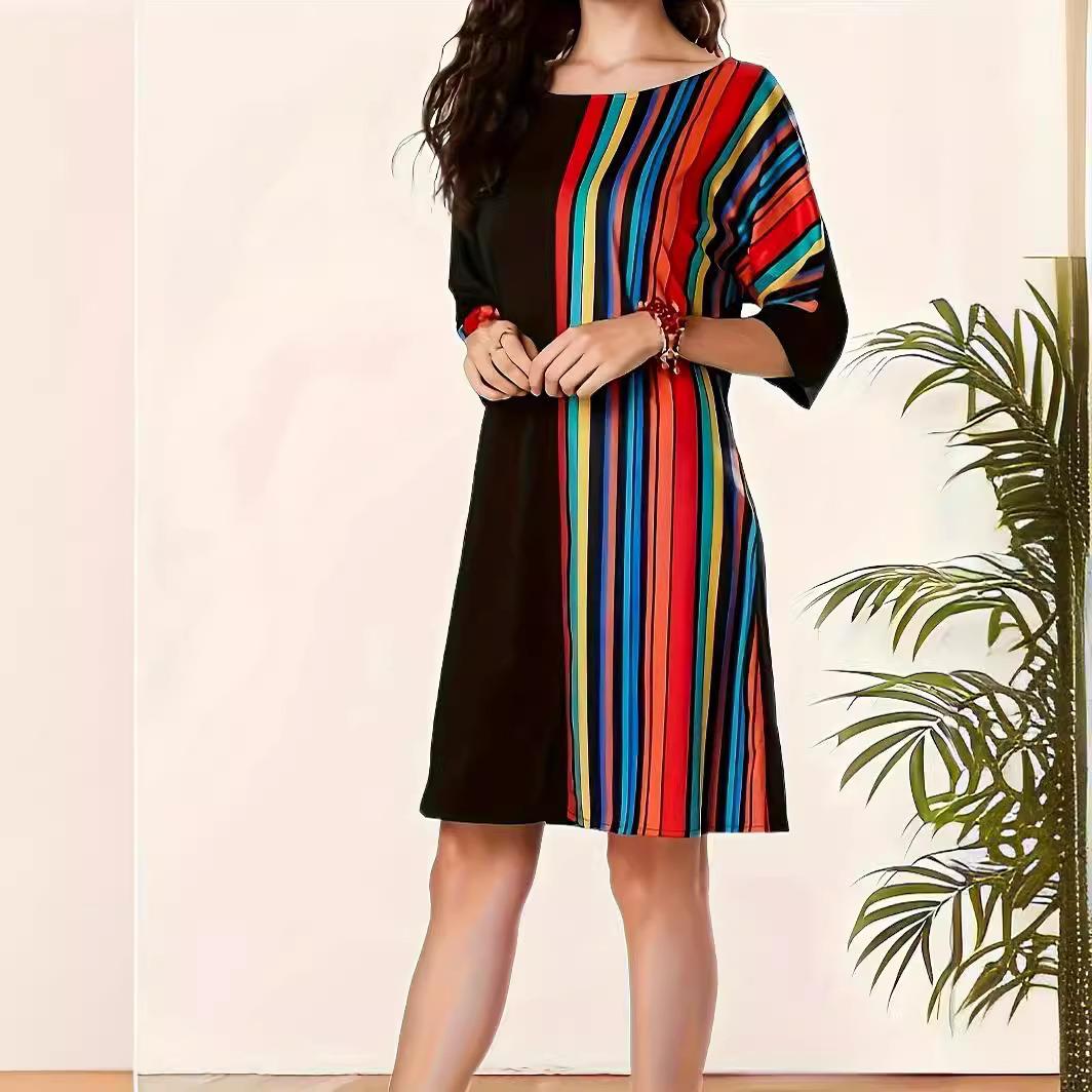Womens Rainbow Vertical Stripes A-Line Loose Dress Womens
