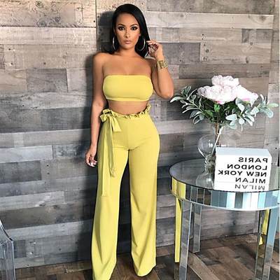 Sexy womens solid color tube top and ear-rimmed wide-leg