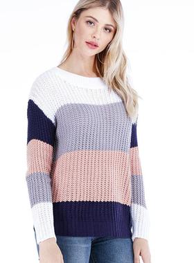 self directed tri color patchwork retro neutral sweater