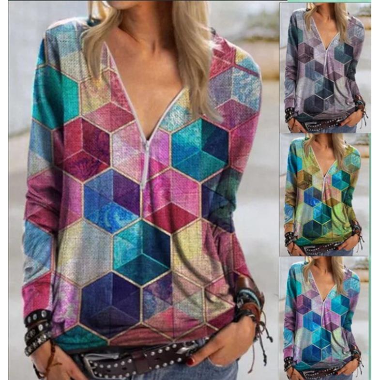 Womens Street Fashion Geometric Cube V-neck Zipper Shirt