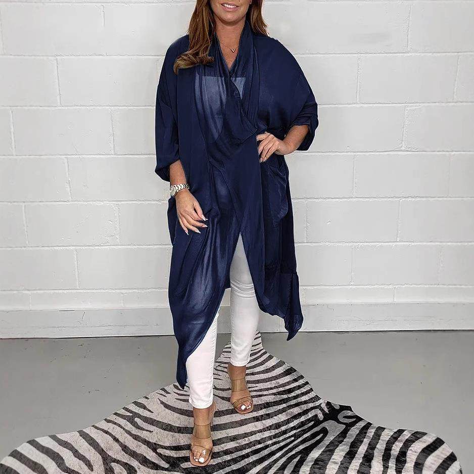 top version large color solid V-neck loose silk slim