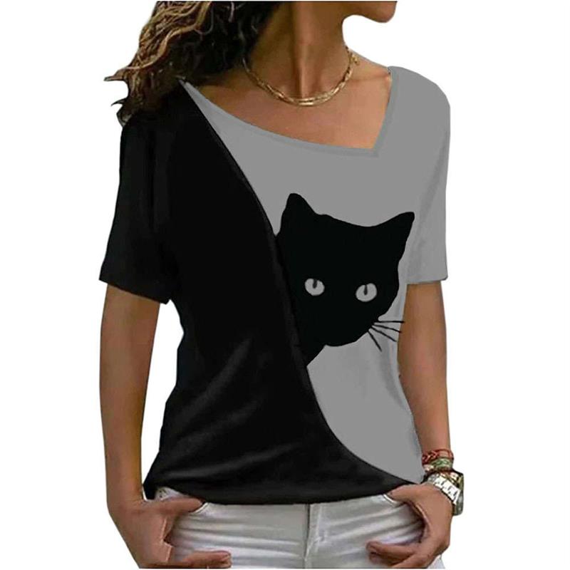 Plus size womens tops slope collar black cat print short