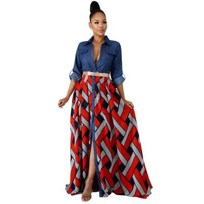 Womens long skirt denim with woven print large hem