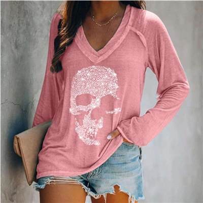 Womens Skull Print Casual Long Sleeve Pullover Deep