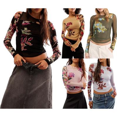 women s long mesh floral print mock neck sheer shirt fitted