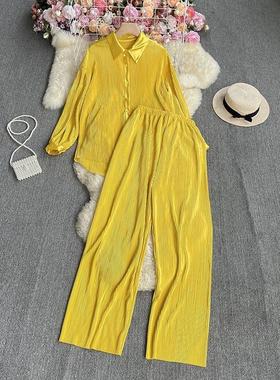 shirt set solid womens drape loose pleated trousers