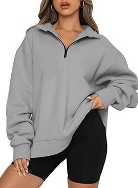 women casual fashion long solid color zip sweatshirt sueter