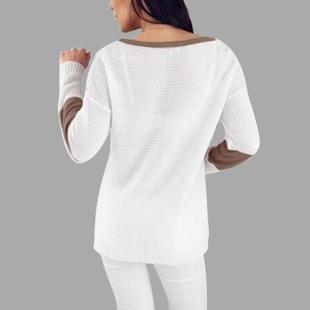 neck color long Womens contrast round hollow sleeve sweater