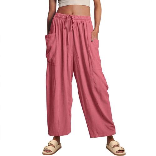 Womens drawstring elastic waist pleated wide leg pants