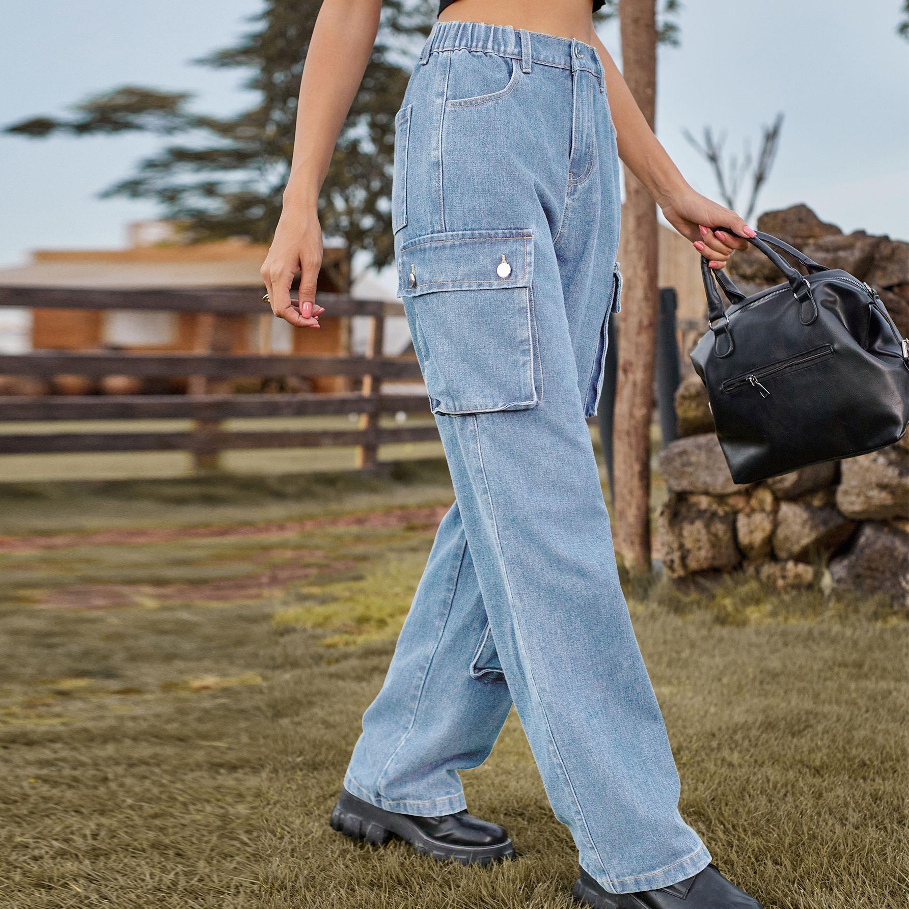 women casual denim multi-pocket trousers overalls Washed