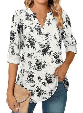 Henley Collar Fashion Sleeve Long Shirt Floral Casual Top