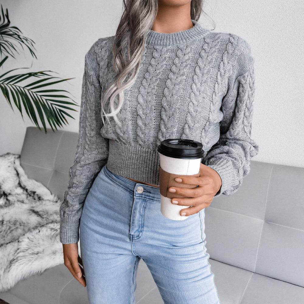 woman high sweater pullover knit fashion office grey - neck
