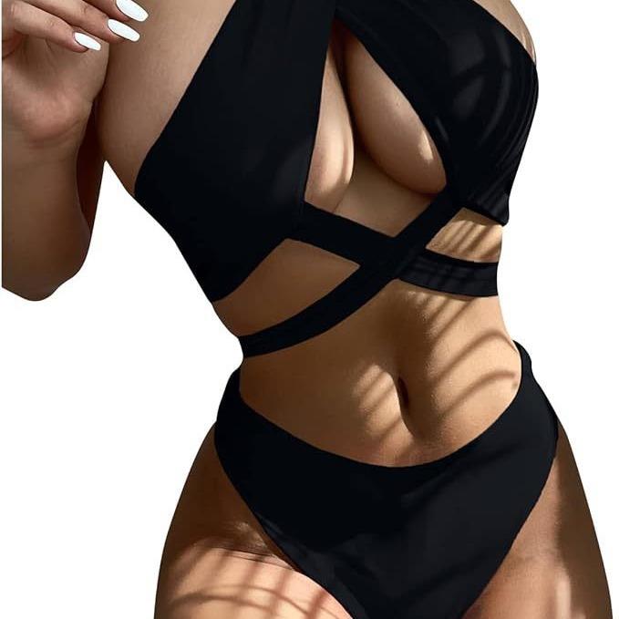 Bikini solid color cross halter neck high waist fork split