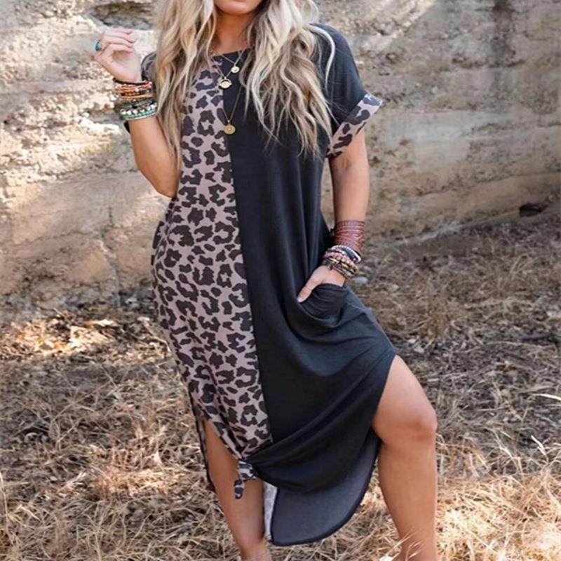 Leopard pocket with neck long round maxi patchwork slits