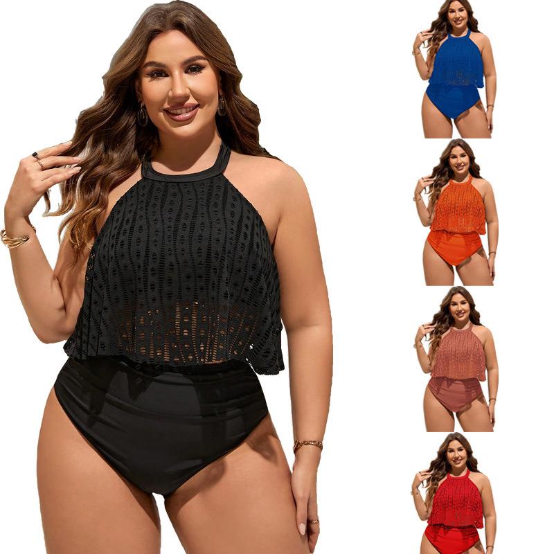 Large size two-piece swimsuit halter neck sexy solid color