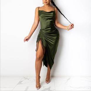 women vestidos dress ruched dresses satin for sexy neck