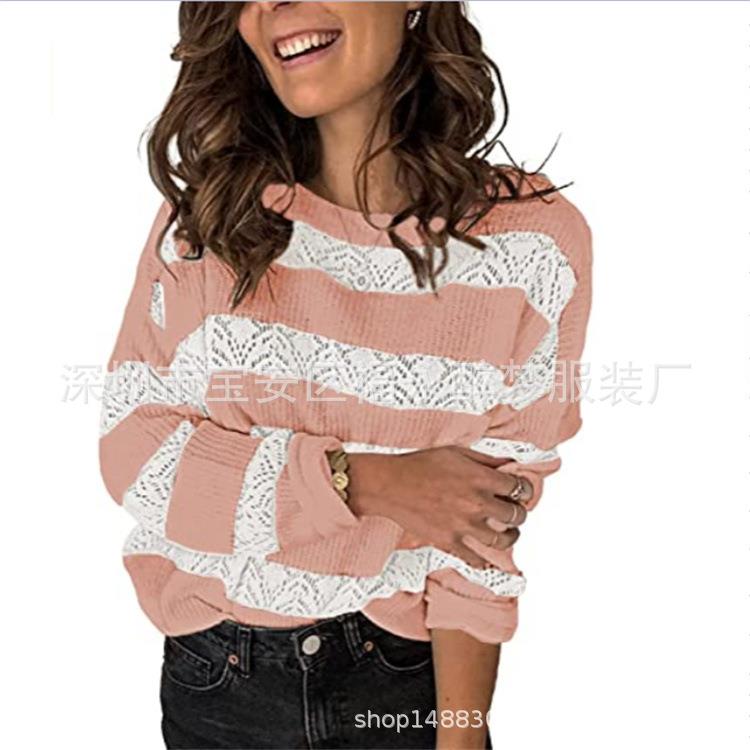 Pullover Sweater Knitted Neck Crew Hollow Sleeve Long