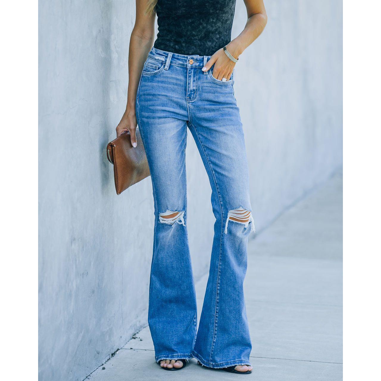 jeans ripped slimming waist high jeans stretch flared