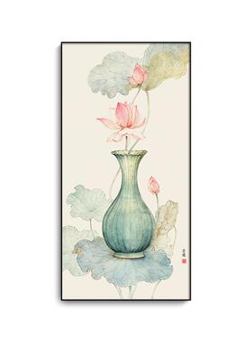 荷花禅意新中式玄关装饰画晶瓷画玄关走廊尽头墙画中式挂画